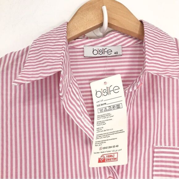 Bislife Pink White Candy Stripe Button Up Drawstring Tunic Top, Mini Dress NEW - Picture 5 of 16